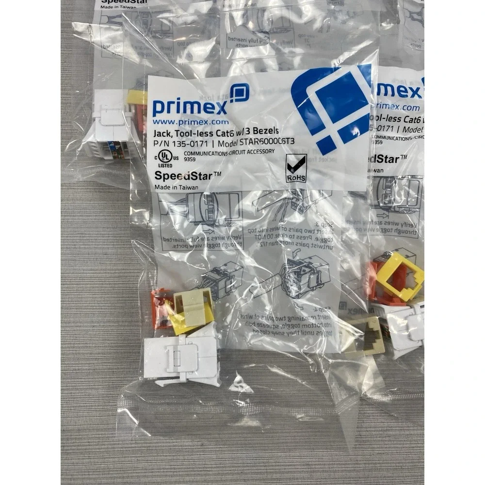 Primex 135-0171 Tool-Less Cat6 3 Bezels RJ45 Speed Star‎ Keystone Jacks 5pack